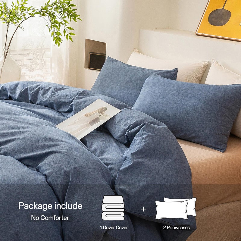 ECOCOTT Denim Blue Duvet Cover King Size, 100% Washed Cotton 1 Duvet Cover with Zipper and 2 Pillowcases, Ultra Soft and Easy Care Breathable Cozy Bedding Set (Denim Blue, King) - Image 2